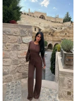 Kahve Yaka Düğmeli İkili Takım