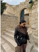 Kahve Yakası Kürklü Deri Mont