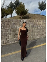 Kahve Yırtmaçlı Degaje Yaka Elbise