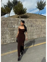 Kahve Yırtmaçlı Degaje Yaka Elbise