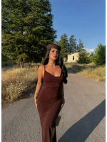Kahve Yırtmaçlı Degaje Yaka Elbise