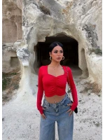 Kırmızı Aden Büzgülü Crop Bluz