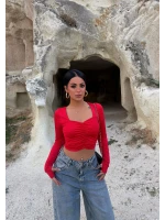 Kırmızı Aden Büzgülü Crop Bluz
