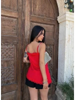 Kırmızı Asimetrik Dantelli Bluz
