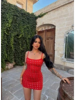 Kırmızı Baget Taşlı Mini Elbise
