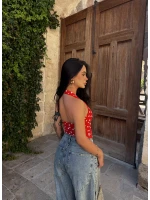 Kırmızı Boyundan Geçmeli Puantiyeli Crop