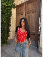 Kırmızı Boyundan Geçmeli Puantiyeli Crop