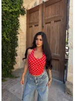 Kırmızı Boyundan Geçmeli Puantiyeli Crop