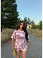 Kırmızı Çizgili Oversize Tişört