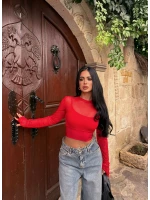 Kırmızı İçi Astarlı Tül Crop