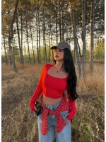 Kırmızı Kare Yaka Çift Kat Crop