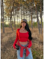 Kırmızı Kare Yaka Çift Kat Crop