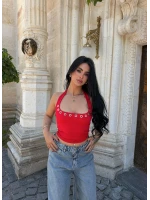 Kırmızı Kare Yaka Droplu Crop
