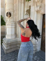 Kırmızı Kare Yaka Droplu Crop