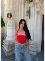 Kırmızı Kare Yaka Droplu Crop