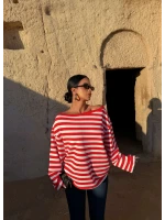Kırmızı Kayık Yaka Çizgili Sweat