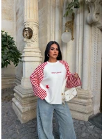 Kırmızı Kol Çizgili Reglan Sweat