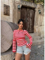 Kırmızı Kolları Volanlı Çizgili Crop