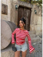 Kırmızı Kolları Volanlı Çizgili Crop
