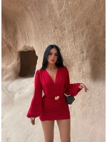 Kırmızı Kruvaze Tokalı Elbise