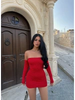 Kırmızı Madonna Taşlı Mini Elbise