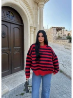 Kırmızı Miley Çizgili Oversize Kazak