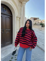 Kırmızı Miley Çizgili Oversize Kazak