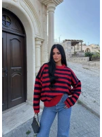 Kırmızı Miley Çizgili Oversize Kazak