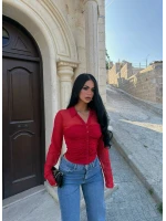 Kırmızı Polo Yaka Crop Gömlek