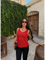 Kırmızı Pullu Ajurlu Triko Bluz