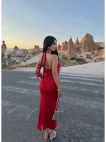 Kırmızı Sırt Dekolte Gloplu Maxi Elbise