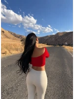 Kırmızı Sırt Dekolte Kare Yaka Crop