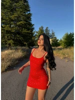Kırmızı Zımbalı Askılı Mini Elbise