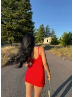 Kırmızı Zımbalı Askılı Mini Elbise