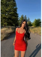 Kırmızı Zımbalı Askılı Mini Elbise