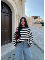 Krem Miley Çizgili Oversize Kazak
