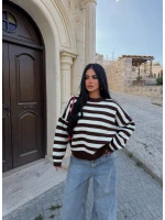 Krem Miley Çizgili Oversize Kazak