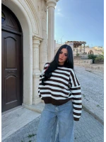 Krem Miley Çizgili Oversize Kazak