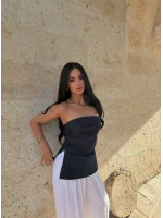 Lacivert Çift Yırtmaçlı Denim Straplez