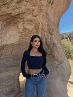 Lacivert Kare Yaka Çift Kat Crop