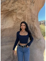 Lacivert Kare Yaka Çift Kat Crop
