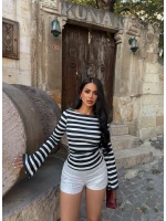 Lacivert Kolları Volanlı Çizgili Crop