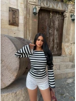Lacivert Kolları Volanlı Çizgili Crop