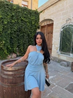 Mavi Boyundan Bağlamalı Yaka Askesuarlı Elbise