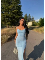 Mavi Siyah Yırtmaçlı Degaje Yaka Elbise