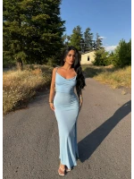 Mavi Siyah Yırtmaçlı Degaje Yaka Elbise