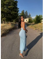 Mavi Siyah Yırtmaçlı Degaje Yaka Elbise