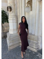 Mürdüm Dik Yaka Volanlı Triko Elbise