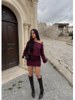 Mürdüm Modal Düşük Omuz Elbise
