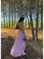 Pembe Askılı İnci Keten Elbise